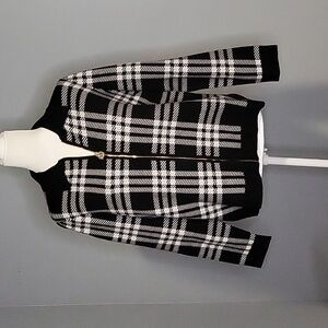 Anne Klein Black and White Plaid Sweater with Goldtone Logo Zipper Size M